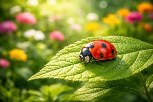 coccinelle-feuille-verte-jardin-flou