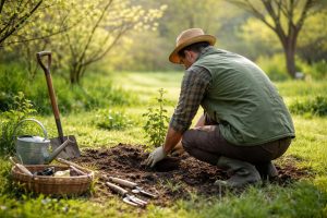 jardinier-plantant-framboisier-jardin-printanier